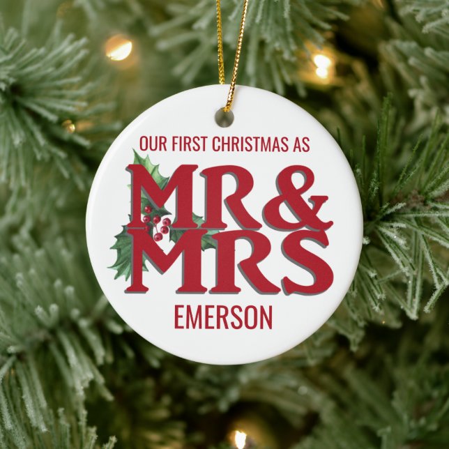 First Christmas Married Bold Typography Mr & Mrs Ceramic Ornament (Tree)