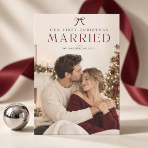 First Christmas Married Burgundy Bow Photo Card