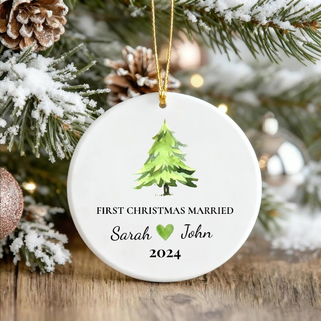 First Christmas Married Christmas Tree Custom Name Ceramic Ornament (Creator Uploaded)