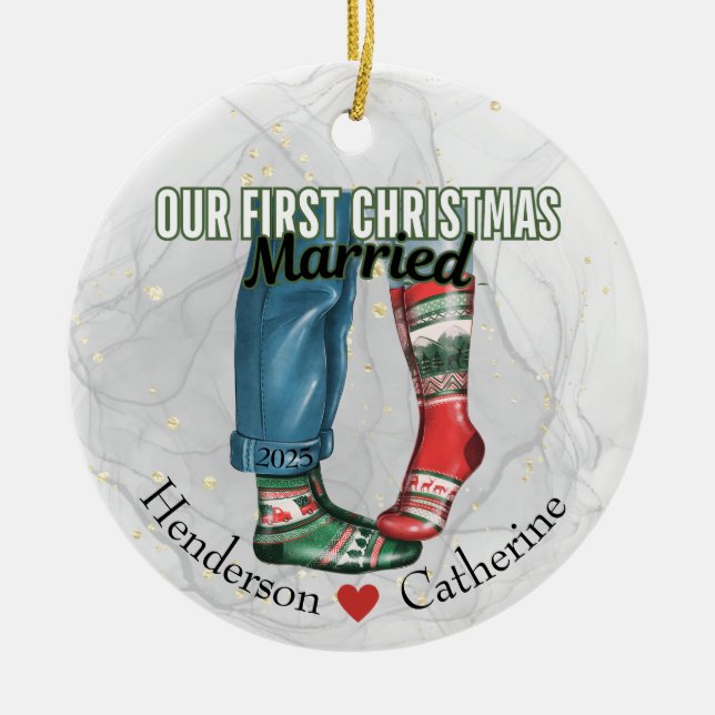 First Christmas Married Couple in Socks Ceramic Ornament (Front)