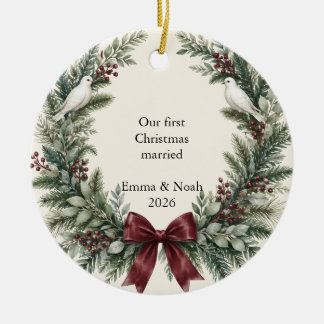 First Christmas Married Doves and Burgundy Bow Ceramic Ornament