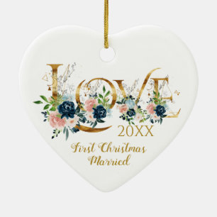 First Christmas Married Elegant Love Typography Ceramic Ornament