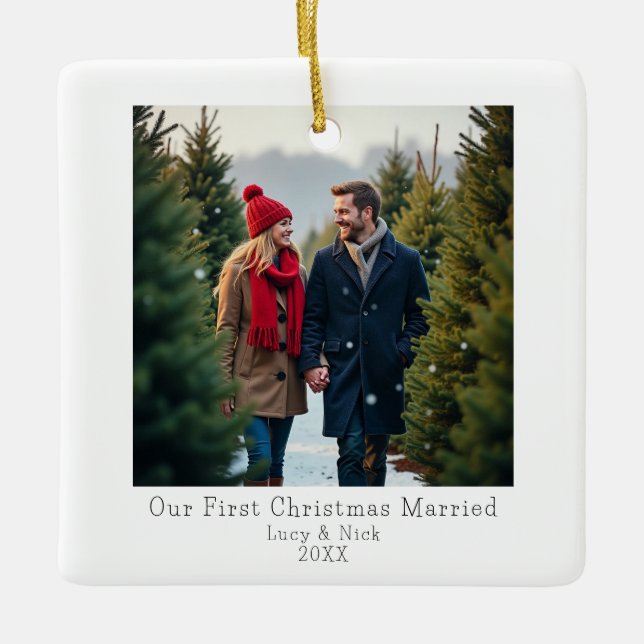 First Christmas Married | Engaged Photo Ceramic Ornament (Front)