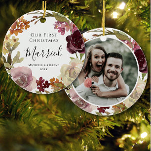 First Christmas Married Floral Ceramic Ornament