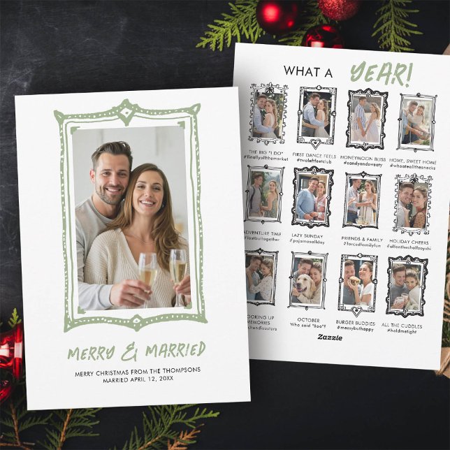 First Christmas Married Fun Wedding Announcement (casual wedding announcement hand drawn first year married christmas card newlywed year review)