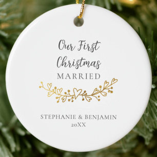 First Christmas Married Gold Hearts Garland Photo Ceramic Ornament