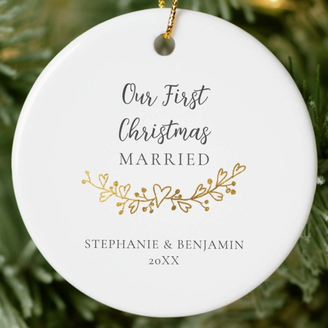 First Christmas Married Gold Hearts Garland Photo Ceramic Ornament (first christmas married newlywed couple mr mrs keepsake ornament gold hearts garland elegant simple)