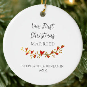 First Christmas Married Gold Red Hearts Photo Ceramic Ornament