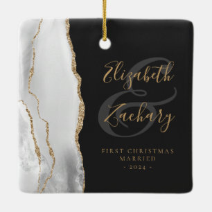 First Christmas Married Grey Agate Gold Script Ceramic Ornament