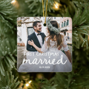 First Christmas Married Hand-Drawn Lettering Ceramic Ornament