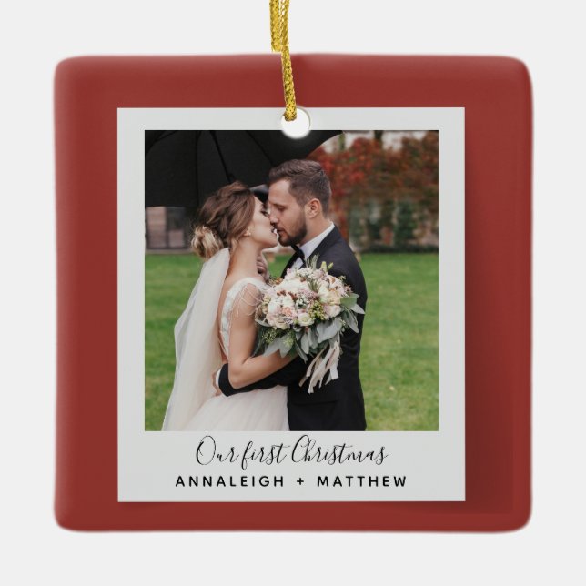 First Christmas Married Holiday Photo Ceramic Ornament (Front)