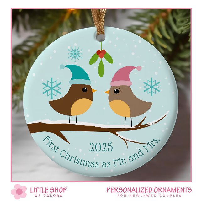 First Christmas Married Love Birds Photo Ceramic Ornament (Creator Uploaded)
