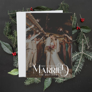 First Christmas Married Minimal Typography Photo Holiday Card