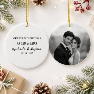 First Christmas Married Minimalist Photo Ceramic Ornament