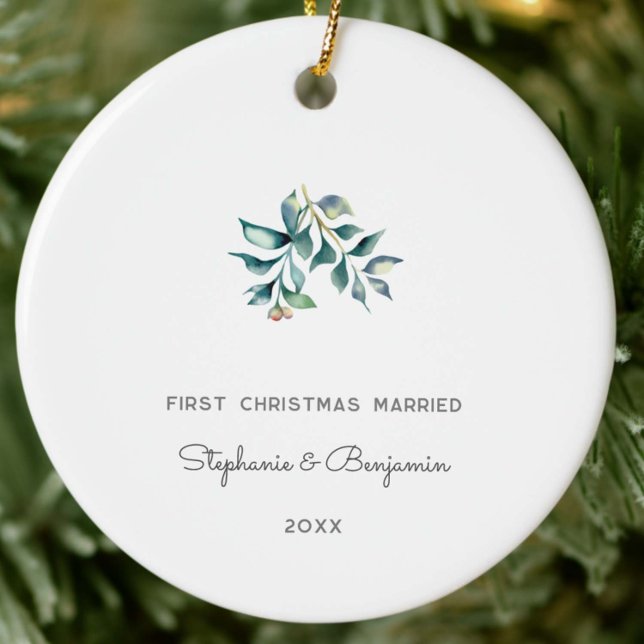First Christmas Married Mistletoe Keepsake Photo Ceramic Ornament (our first christmas married mr mrs mistletoe christmas ornament couple keepsake photo elegant classy)
