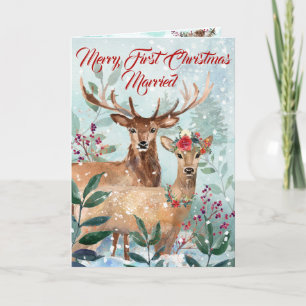 "First Christmas Married" Modern Floral Watercolor Holiday Card