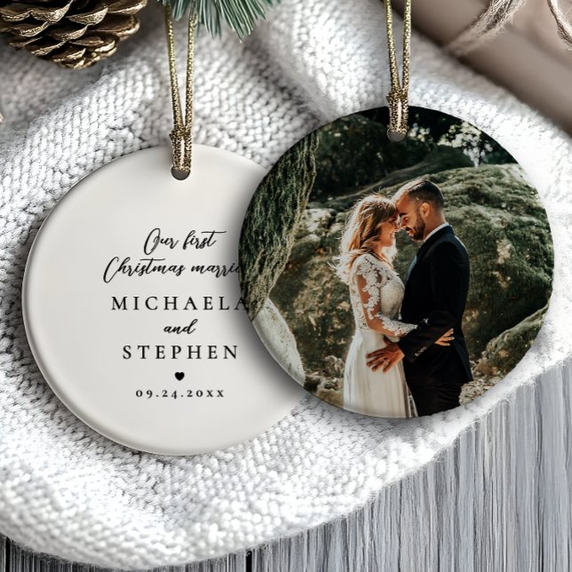 First Christmas Married Modern Minimalist Photo Ceramic Ornament (Creator Uploaded)