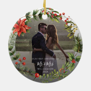 First Christmas Married Mr and Mrs Photo Botanical Ceramic Ornament