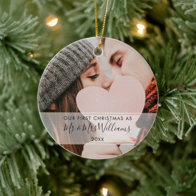 First Christmas Married Mr & Mrs 2 Photo Ceramic Ornament (Tree)