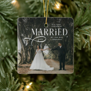 First Christmas Married Mr & Mrs Couples Photo Ceramic Ornament