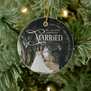 First Christmas Married Mr & Mrs Couples Photo  Ceramic Ornament