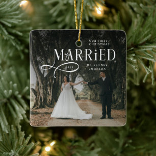 First Christmas Married Mr & Mrs Couples Photo  Ceramic Ornament