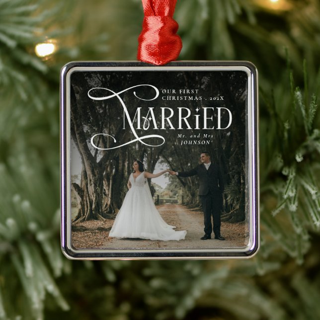 First Christmas Married Mr & Mrs Couples Photo  Metal Ornament (Tree)