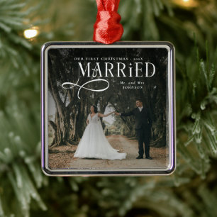 First Christmas Married Mr & Mrs Couples Photo Metal Ornament