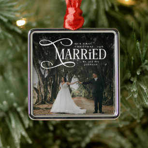 First Christmas Married Mr & Mrs Couples Photo Metal Ornament