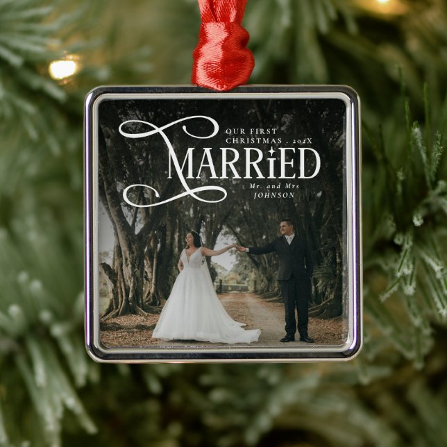 First Christmas Married Mr & Mrs Couples Photo  Metal Ornament (Tree)