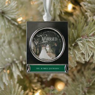 First Christmas Married Mr & Mrs Couples Photo Silver Plated Banner Ornament