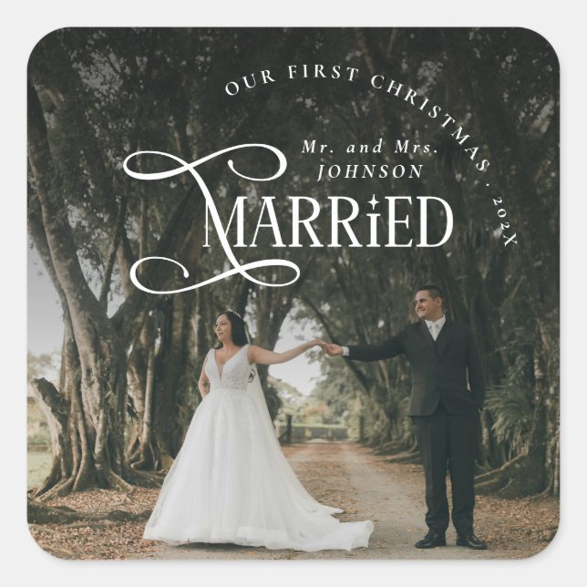 First Christmas Married Mr & Mrs Couples Photo  Square Sticker (Front)