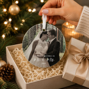 First Christmas Married Mr & Mrs Photo Glass Tree Decoration
