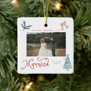 First Christmas Married Mr & Mrs Photo  Whimsical Ceramic Ornament