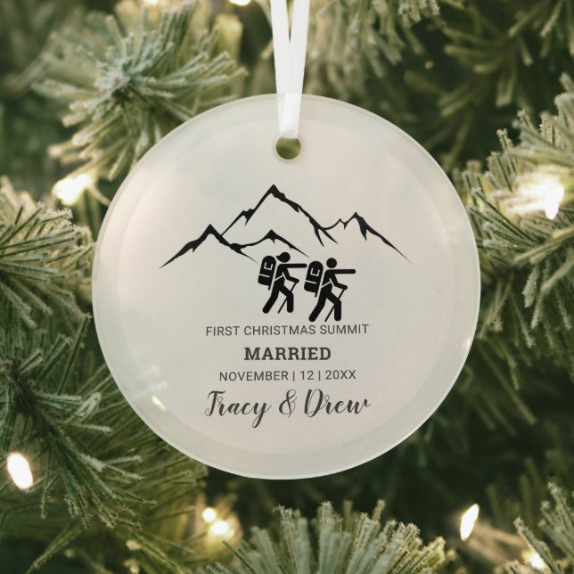 First Christmas Married Outdoorsy Mountain Hiking Glass Tree Decoration (Insitu)