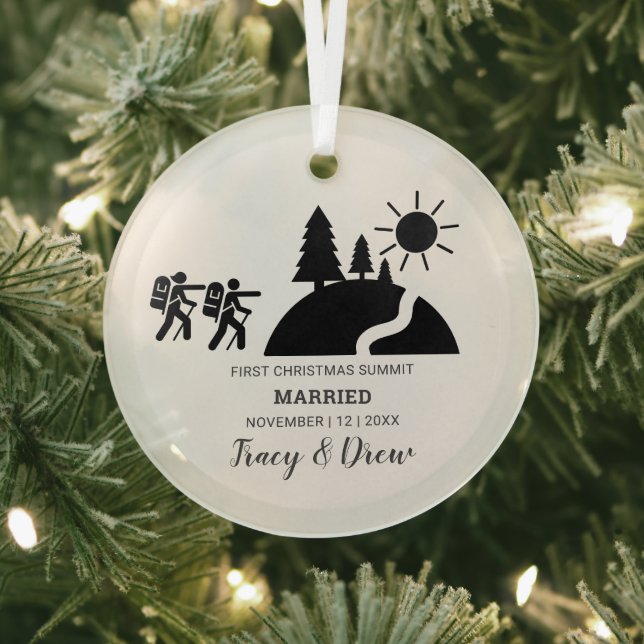 First Christmas Married Outdoorsy Mountain Hiking Glass Tree Decoration (Insitu)