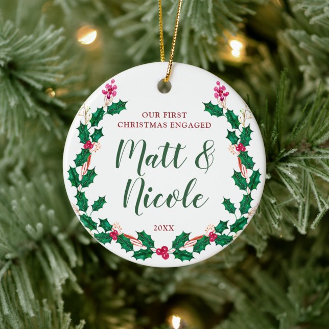 First Christmas Married Personalised Holly Wreath Ceramic Ornament (Tree)