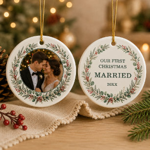 First Christmas Married Personalised Photo Ceramic Ornament