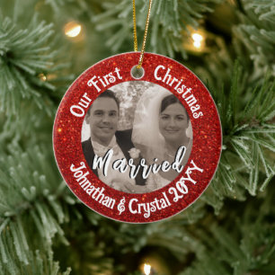 First Christmas Married Personalised Red Glitter Ceramic Ornament