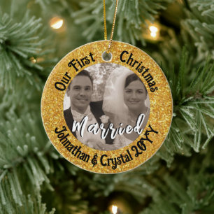 First Christmas Married Personalised Red Glitter Ceramic Ornament
