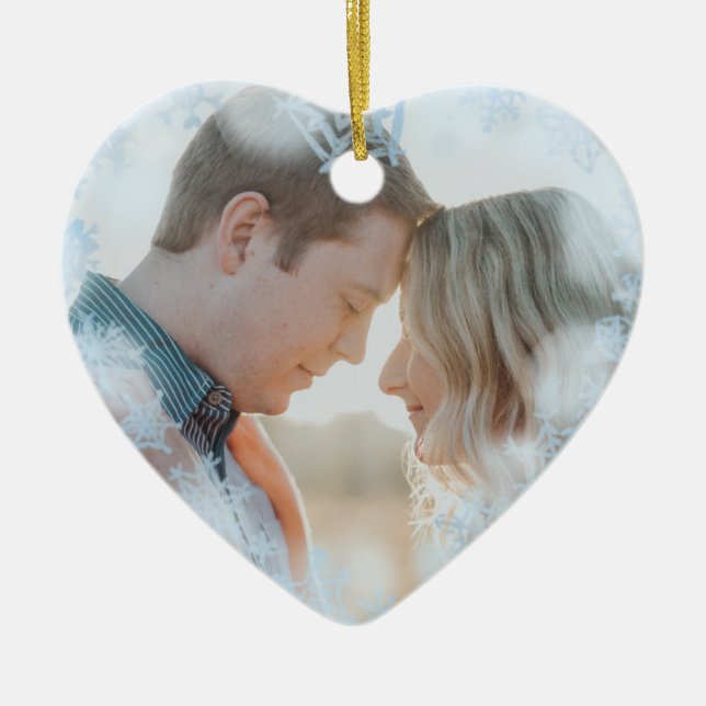 First Christmas Married Photo Blue Snowflakes  Ceramic Ornament (Front)