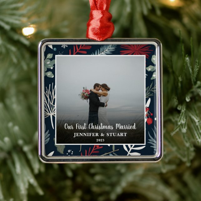 First Christmas married photo couple holiday Metal Ornament (Tree)