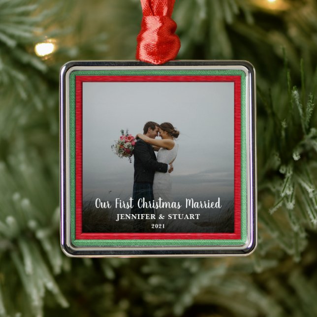 First Christmas married photo couple holiday Metal Ornament (Tree)