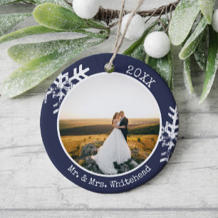 First Christmas Married Photo Elegant Navy Blue Ceramic Ornament