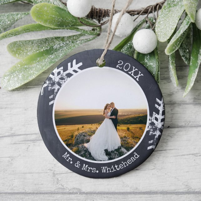 First Christmas Married Photo Rustic Snowflake Ceramic Ornament (Rustic snowflake newlywed holiday keepsake photo ornament perfect for gifts to bring joy to others.)