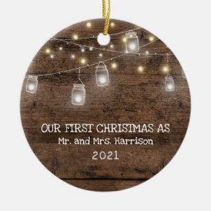 First Christmas Married Photo Rustic String Lights Ceramic Ornament