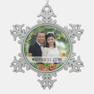 First Christmas MARRIED PHOTO Snowflake Tree Decor Snowflake Pewter Christmas Ornament