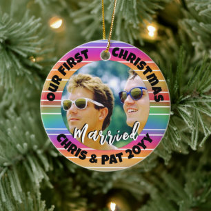 First Christmas Married Photo Sunset Stripes Ceramic Ornament