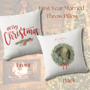 First Christmas Married Photo Throw Pillow