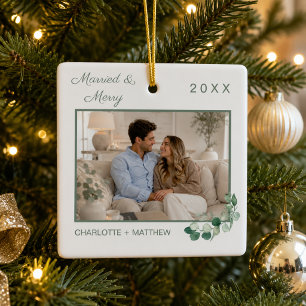 First Christmas married photo white greenery Ceramic Ornament